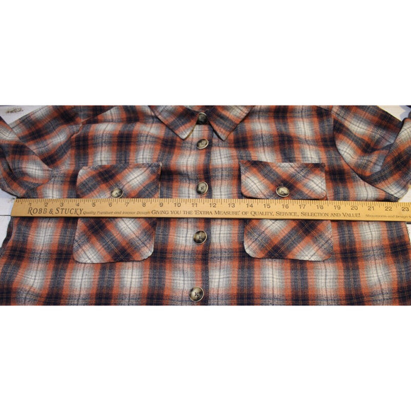 Democracy Women's L Red Blue Plaid Button-up Flannel Raw Hem Pockets LS Cowgirl - Picture 12 of 15